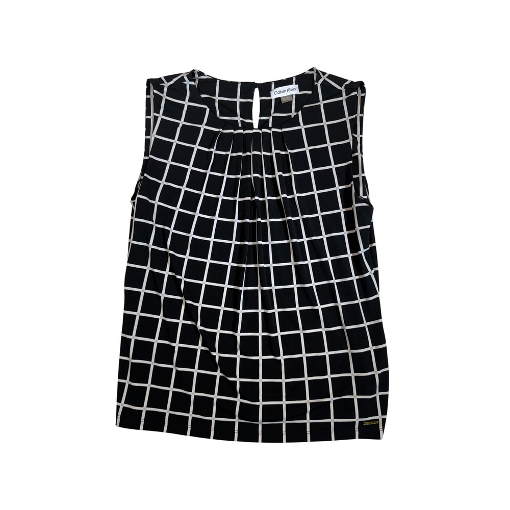 Calvin Klein Womens Black White Windowpane Grid Pleated Sleeveless Blouse Size M